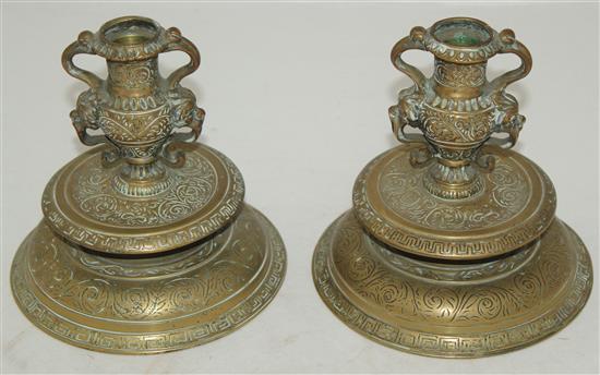 A pair of Italian Renaissance Venetian bronze candlesticks, 16th/17th century, 5.5in.